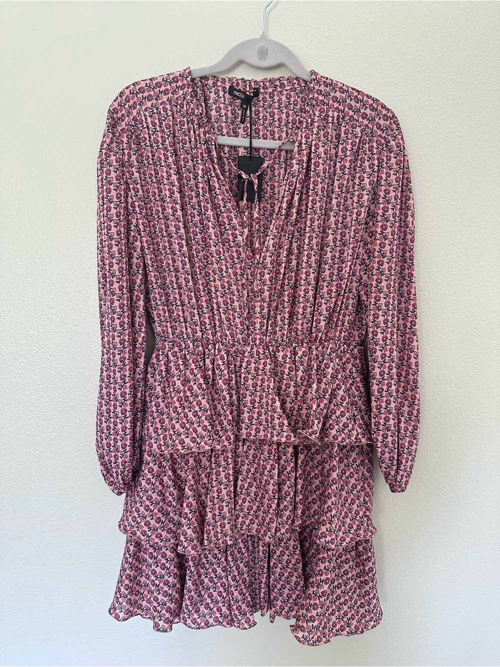 Maje Pink Floral Tiered V-Neck Long-Sleeve Dress